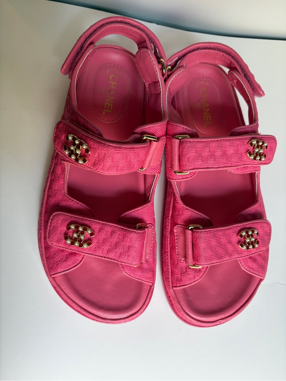CHANEL Hot Pink CC Logo Velcro Sport Sandals